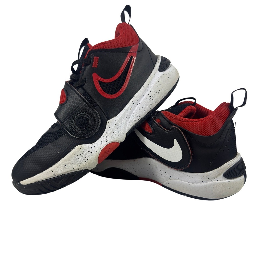 Nike Team Hustle Boys Basketball Shoes Black Red Strap Sneakers Size 3Y